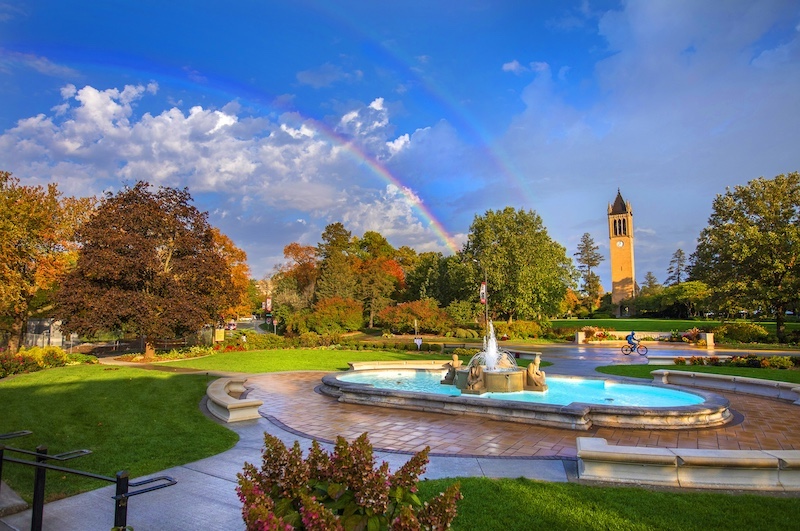 Memorial Union fountain with a rainbow