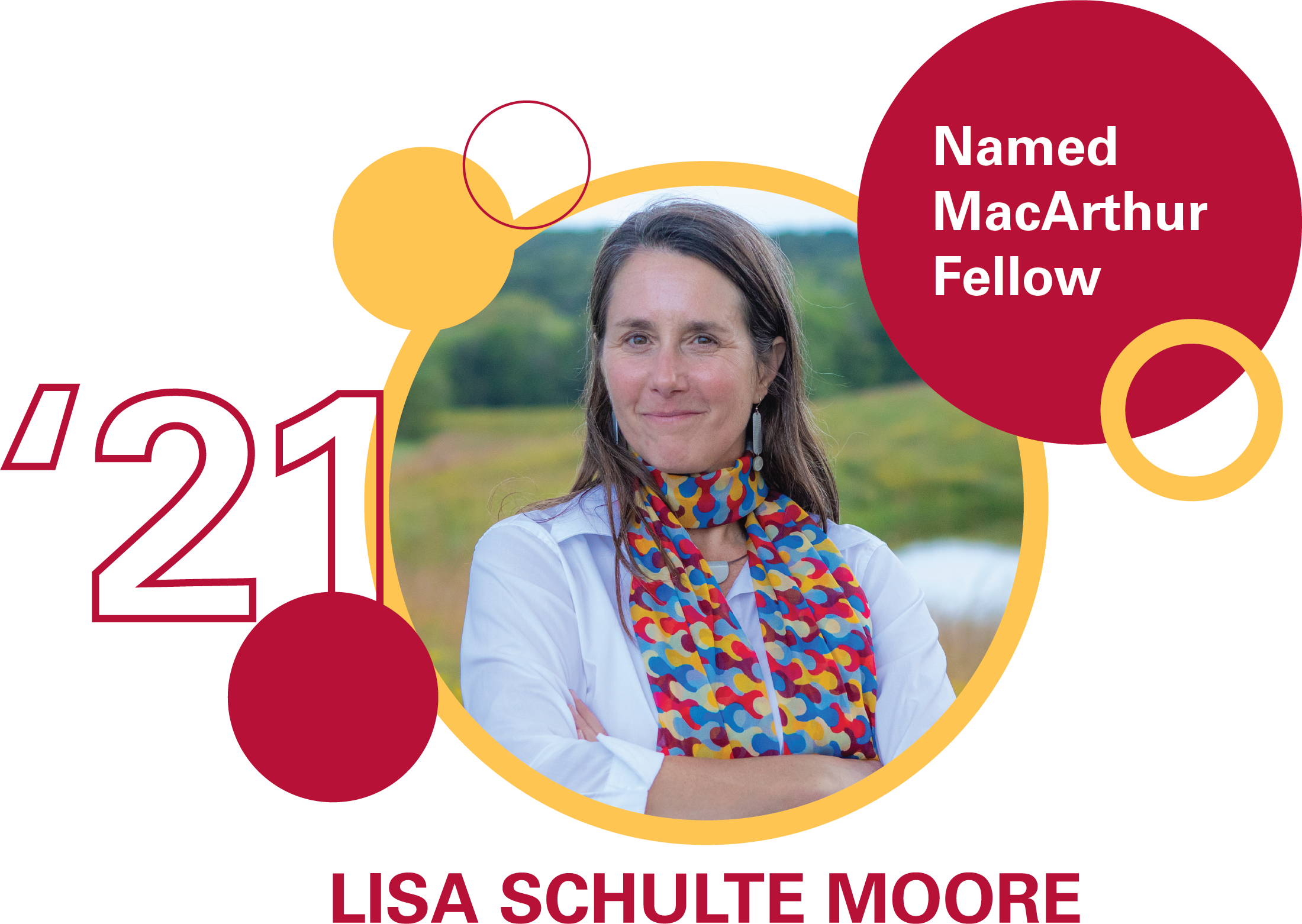Graphic with a photo of Lisa Schulte Moore, 2021 MacArthur Fellow